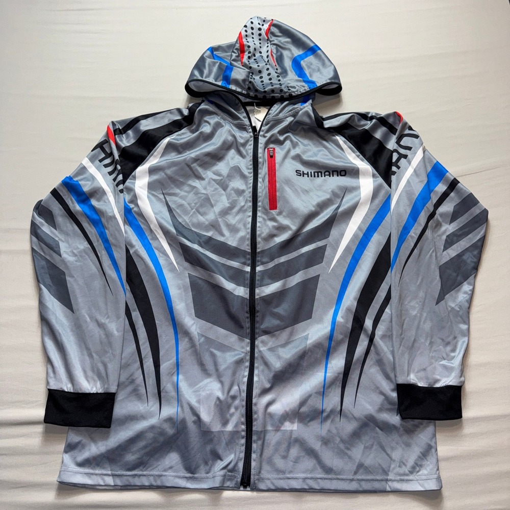 Shimano Mens‎ 2XL Cycling Fishing Hoodie Full Zip Grey Blue Graphic Performance